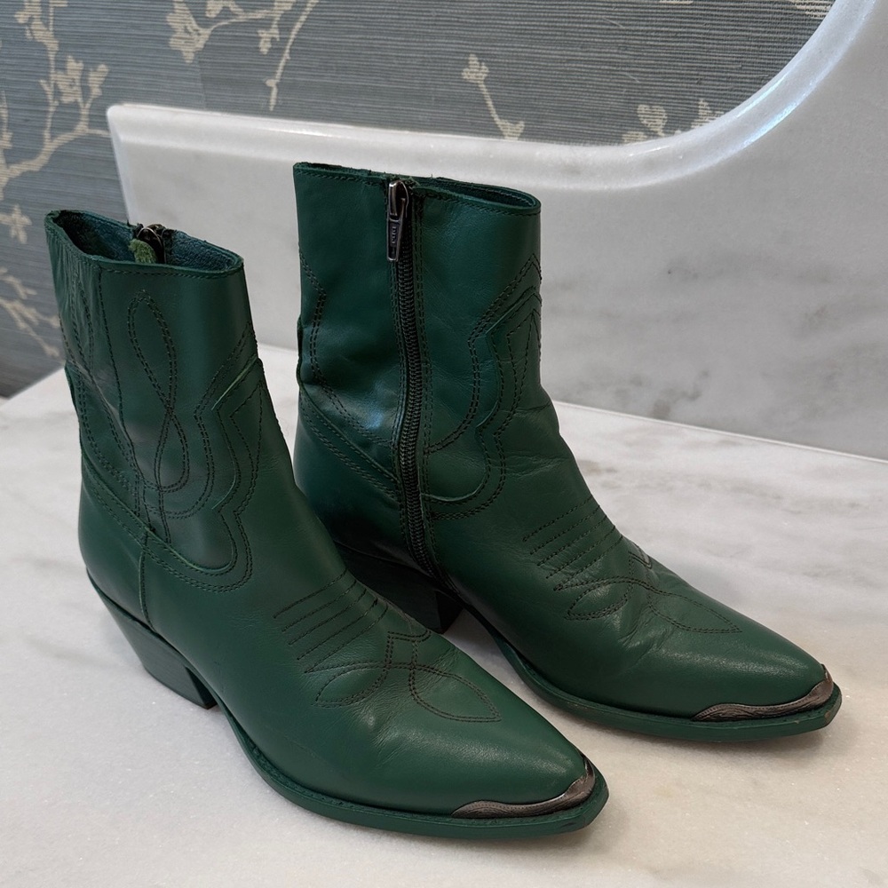 Free People Green Leather Western Ankle Boots